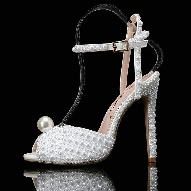 Sweet Handmade Pearl Stiletto Line With Shallow Cut Party Wedding Shoes Thick Heels High Heels For Women