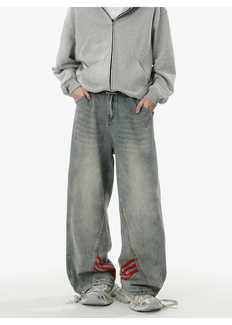 REBELOASIS American retro baggy wide leg jeans for men and women  loose casual striped washed long pants