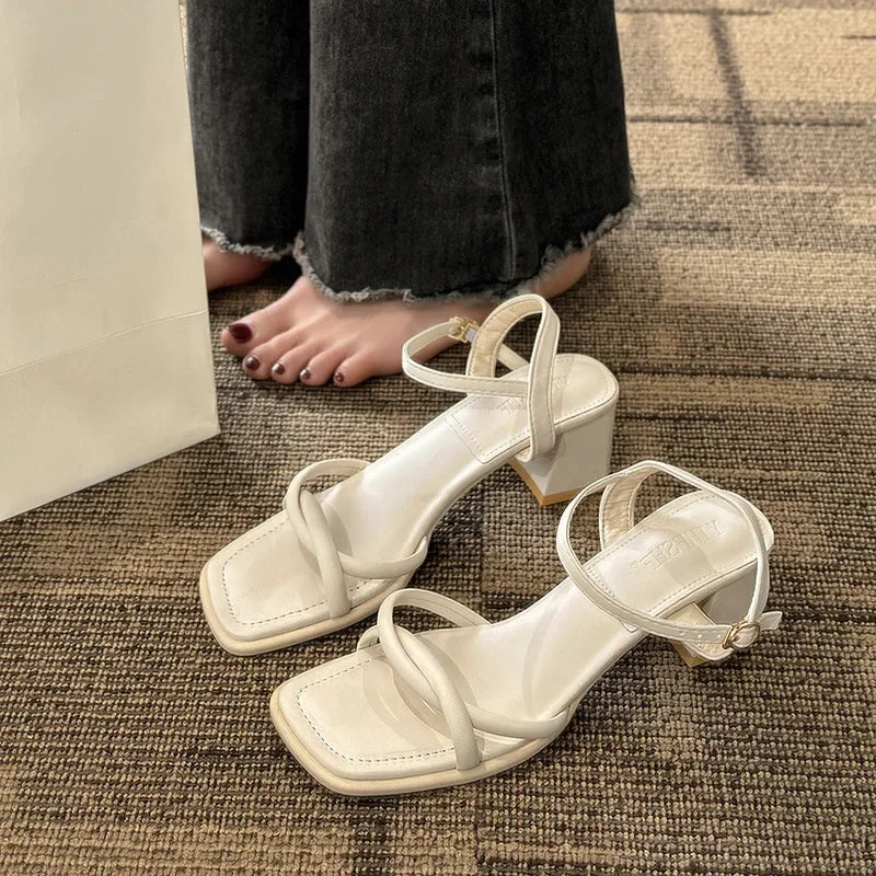 Sandals, 2025 Summer New Fashion Gentle Retro Chunky Non-slip Sandals, A Line with 5cm High Heels Summer Beach Sandals
