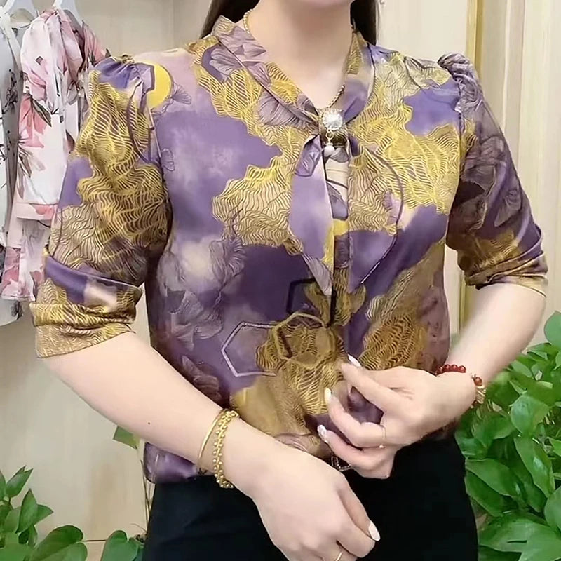 New Lady Casual Half Sleeve Bow Tie Collar Printed Blouses Tops Women Spring Summer Style Chiffon Blouses Shirts