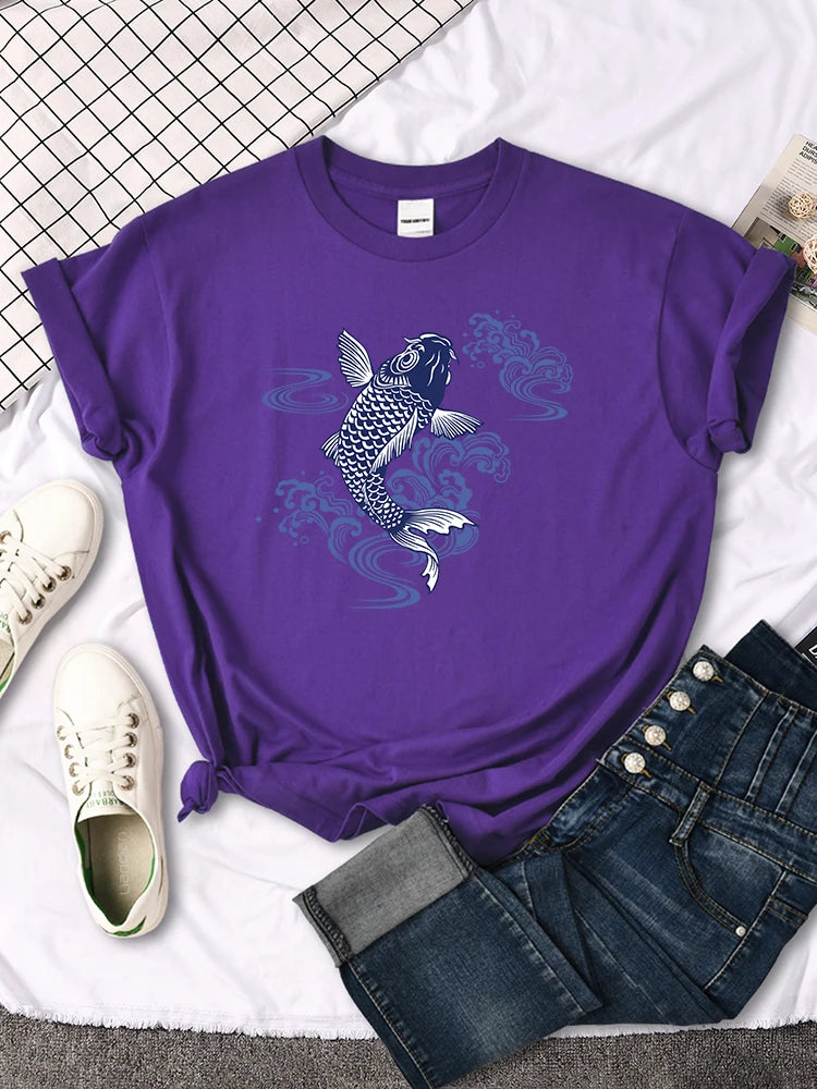 Tshirt For Woman Paper Cut Koi Good Luck Printing Womens T Shirt Kawaii Fashion Women Top Roud Neck Breathable Tshirts For Women
