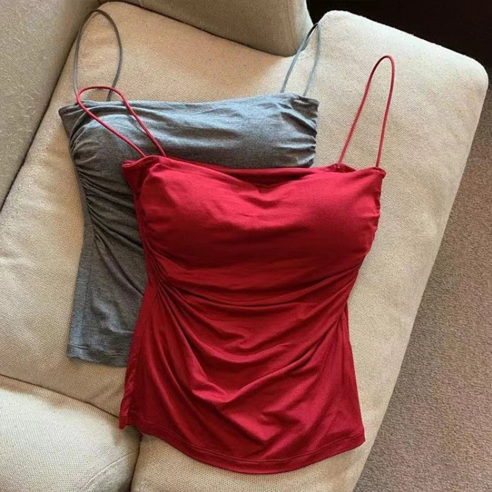 Sleeveless Tees Tank Tops For Women Camisole Vest Cropped Top Slim Fit Solid Color Spaghetti Strap Built In Bra Women Clothes