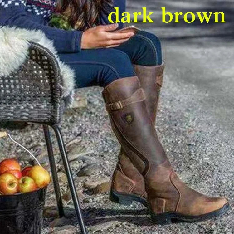 Women Winter Fashion Leather Low Heel Boots Zipper Knight Boots Vintage Outdoor Riding Boots Long Boots Knee High Boots