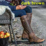 Women Winter Fashion Leather Low Heel Boots Zipper Knight Boots Vintage Outdoor Riding Boots Long Boots Knee High Boots