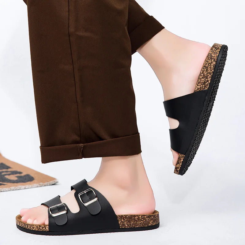 Kidmi Cork Footbed Sandals for Women Men Sandals Summer Beach Sandals Men Double Buckle Slip-On Sandals Nonslip Men Cork Sandals