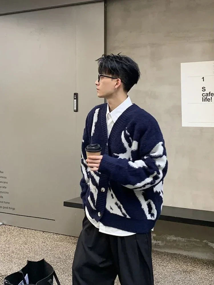 Men's Clothing V Neck Blue Cardigan Graphic Knit Sweater Male New in Sheap Aesthetic Meme Maletry Large Big Size Korean Fashion