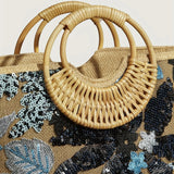 Women's Tote Bag Bead Flower Round Hand Weave Capacity Large Tote Bag Beach Bag