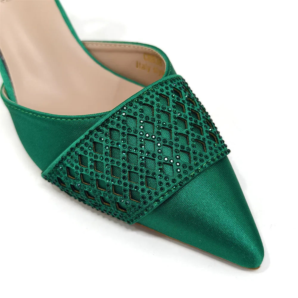 2025 Heel Shoes for Women Hollowed Out Embroidery Rhinestone Italian Design Green Color Pointed-Toe Shoes and Bags Set