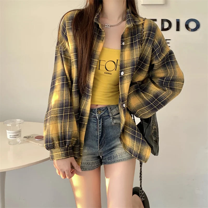 Women's Plaid Flannel Shirt Casual Button Down Long Sleeve Flannel Plaid Blouse Loose Check Shirt Female Teen-girl Preppy Outfit
