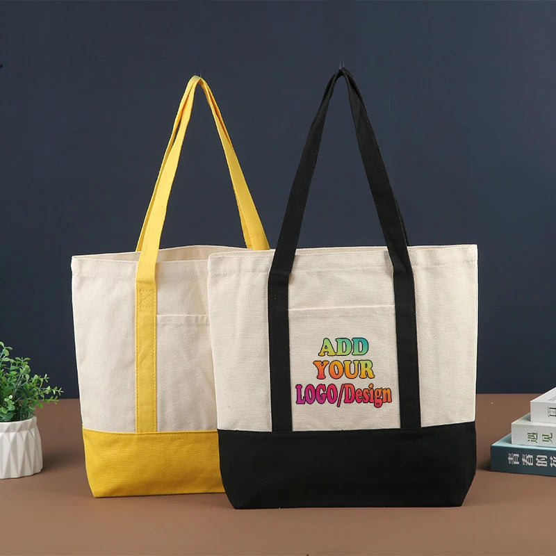 Customized Women Tote Bag Personalized Name Print Logo Zippered Canvas Shopping Tote Bag