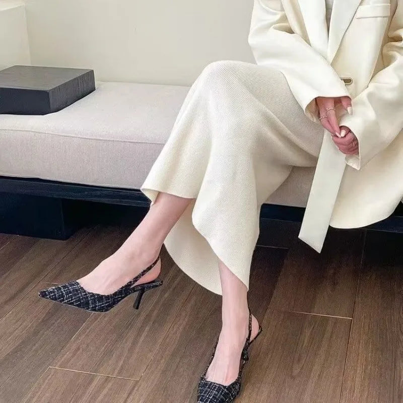 Fashionable high heels for women 2025, striped design, black style, pointed stilettos, sexy and comfortable, large-sized sandals