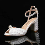 Sweet Handmade Pearl Stiletto Line With Shallow Cut Party Wedding Shoes Thick Heels High Heels For Women