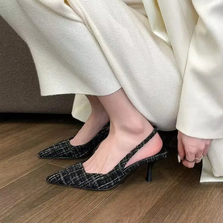 Fashionable high heels for women 2025, striped design, black style, pointed stilettos, sexy and comfortable, large-sized sandals