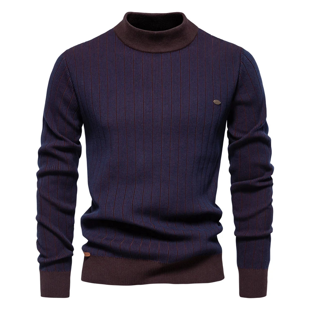 AIOPESON New Design Mens Mock Neck Cotton Pullover Sweaters Autumn Winter Warm Stripped Sweater for Men