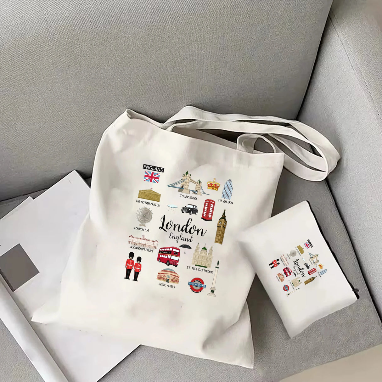 London Tote Bag London Travel Tote Bag Women's Casual Canvas tote bag London Zippered Cosmetic Bag London Landmarks Tote Bag