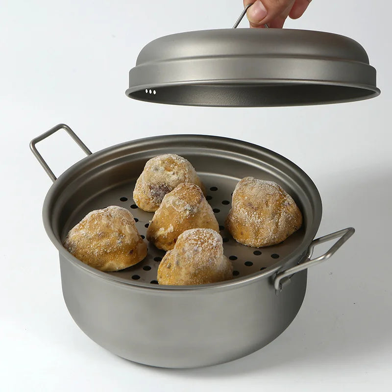Camping Titanium Cooking Pot 2L Ti Cooking Steamer Ultralight Folding Handle