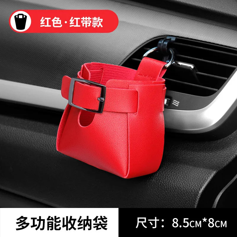 Car Storage Bag Air Vent Dashboard Tidy Hanging Leather Organizer Box Glasses Phone Holder Storage Organizer Car Accessories