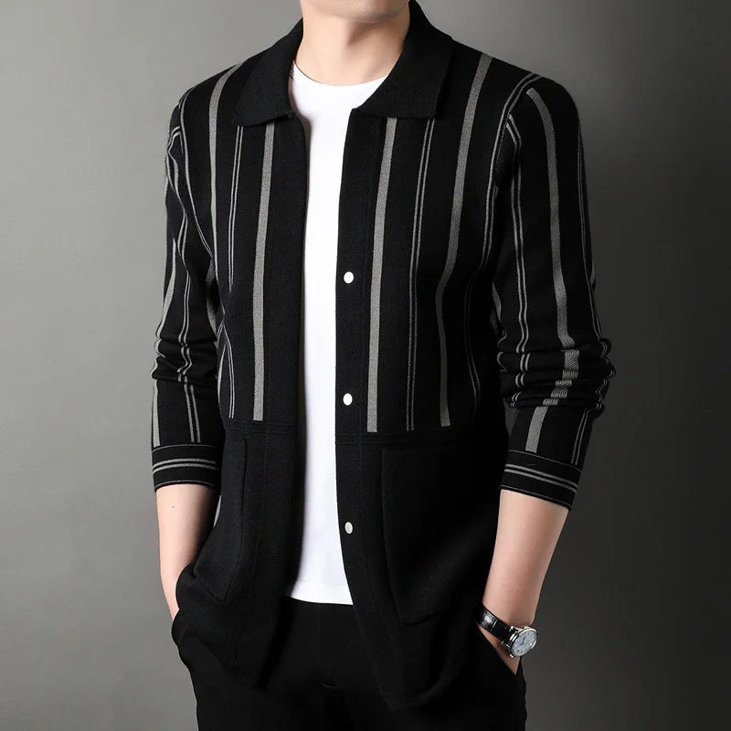 Middle-Aged Men's Cardigan Knitted Long-Sleeve T-Shirt Spring and Autumn New Model Collar Stripe Father's Leisure Sweater Coat