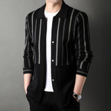 Middle-Aged Men's Cardigan Knitted Long-Sleeve T-Shirt Spring and Autumn New Model Collar Stripe Father's Leisure Sweater Coat