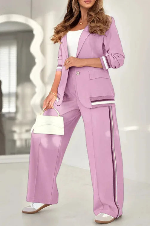 Pant Sets Women Wide Leg Pants Two Piece Set Button Coats Matching Sets Patchwork High Waist Elegant Trousers Pockets Sporty