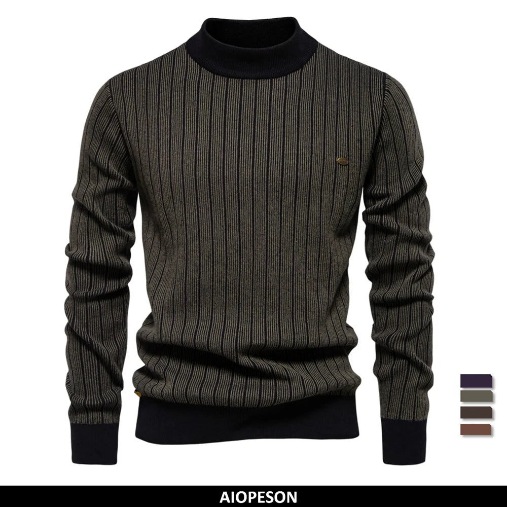 AIOPESON New Design Mens Mock Neck Cotton Pullover Sweaters Autumn Winter Warm Stripped Sweater for Men