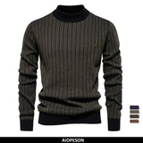 AIOPESON New Design Mens Mock Neck Cotton Pullover Sweaters Autumn Winter Warm Stripped Sweater for Men