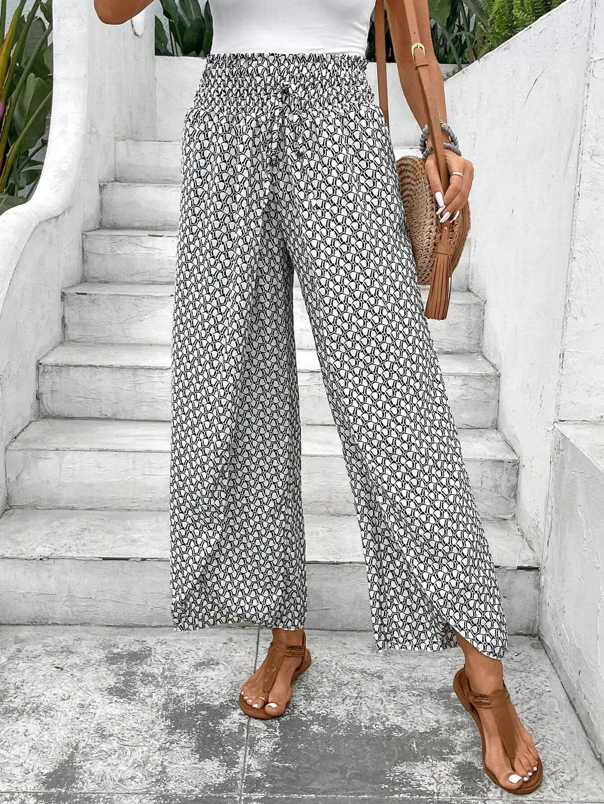 Women's Pants 2025 Summer New Fashion Floral Side Wide Leg Skirt Pants Calça Feminina Pantalon Mujer Pantaloni Lange Hosen