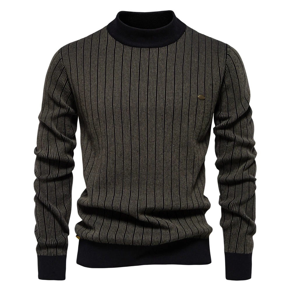 AIOPESON New Design Mens Mock Neck Cotton Pullover Sweaters Autumn Winter Warm Stripped Sweater for Men