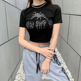 Spider Rhinestone Summer Crop Tops Black Y2k Streetwear Sexy Short Sleeve Tight Tshirts For Women Slim Baby Tee 2000s Clothes