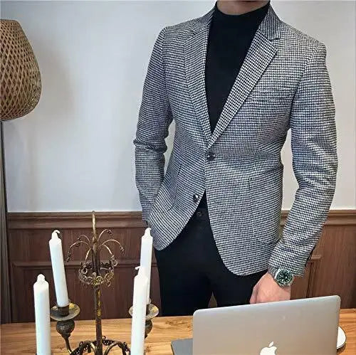 2024 British Style Slim Fit Houndstooth Blazer For Men Fashion Single Breasted Business Office Wedding Dress Suit Jacket