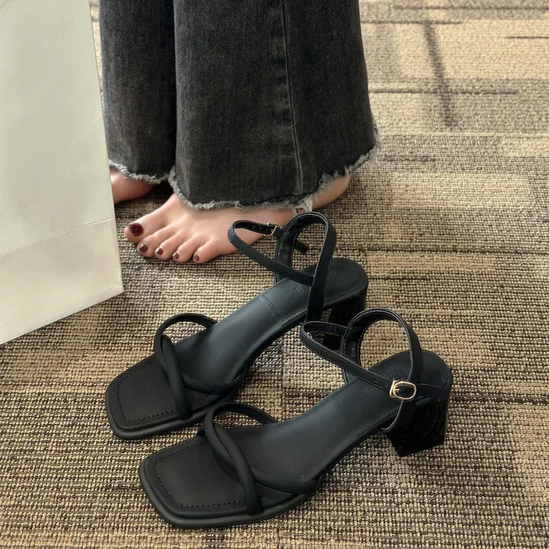 Sandals, 2025 Summer New Fashion Gentle Retro Chunky Non-slip Sandals, A Line with 5cm High Heels Summer Beach Sandals
