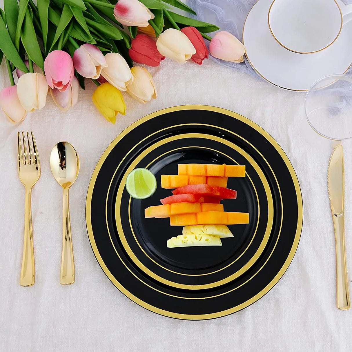 50/25Pieces Black Plastic Plates with Gold Rim-7.5inch Disposable Salad/Dessert Plates Party Plates-Ideal for Weddings& Parties