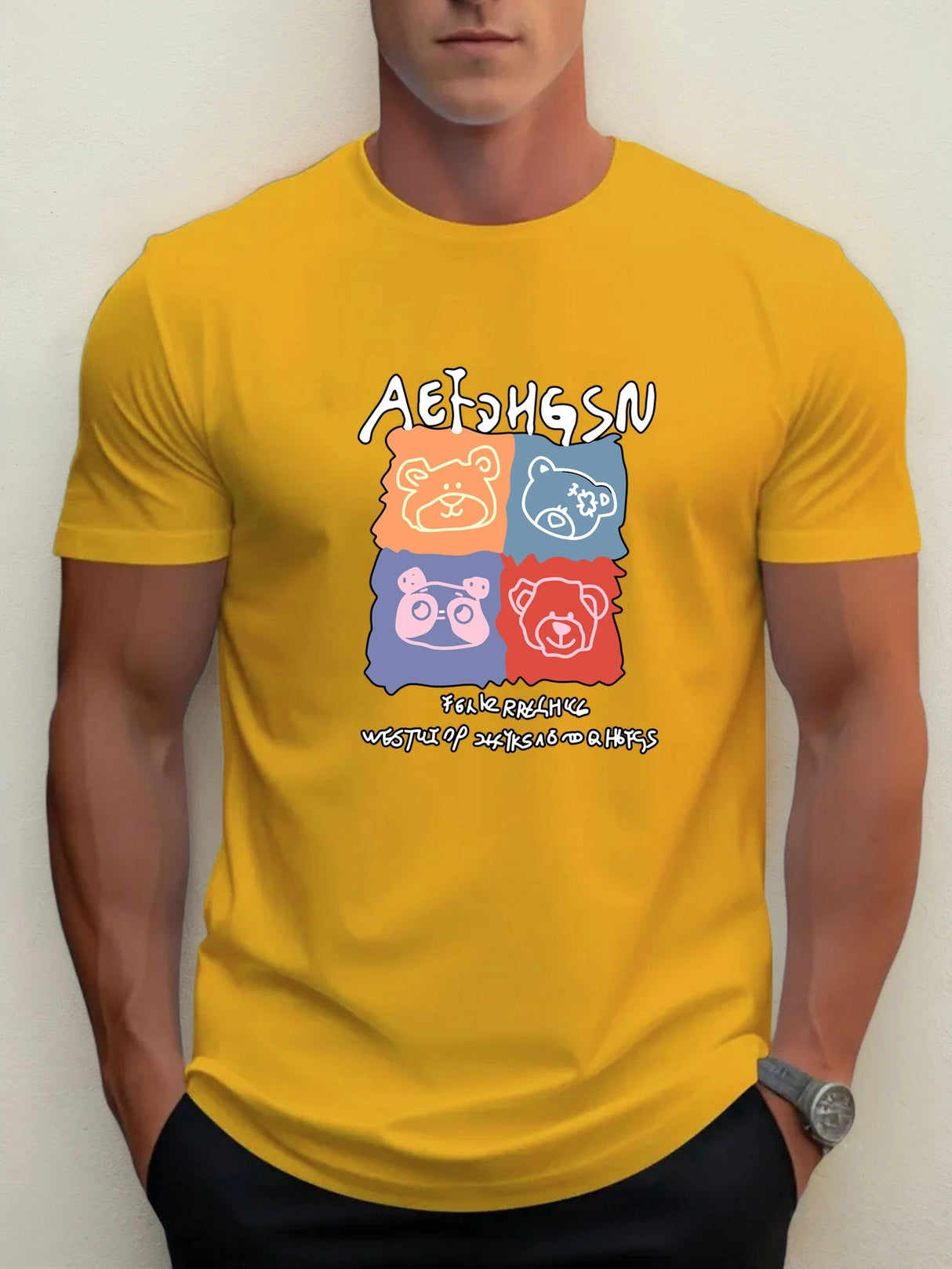 T Shirts For Men Bear 100% Cotton Graphic Printing Summer Round Neck T-Shirt Casual Breathable Street Style Daily Top