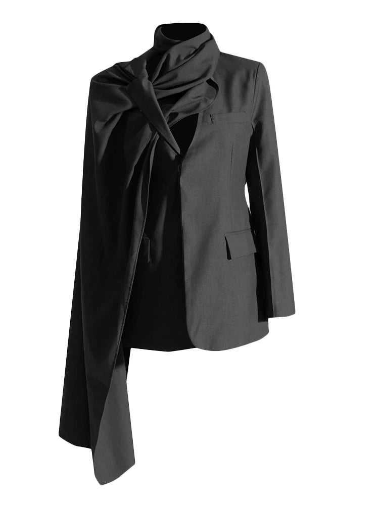 TWOTWINSTYLE Solid Minimalist Blazer For Women Scarf Collar Long Sleeve Patchwork Pocket Asymmetrical Blazers Female Fashion New