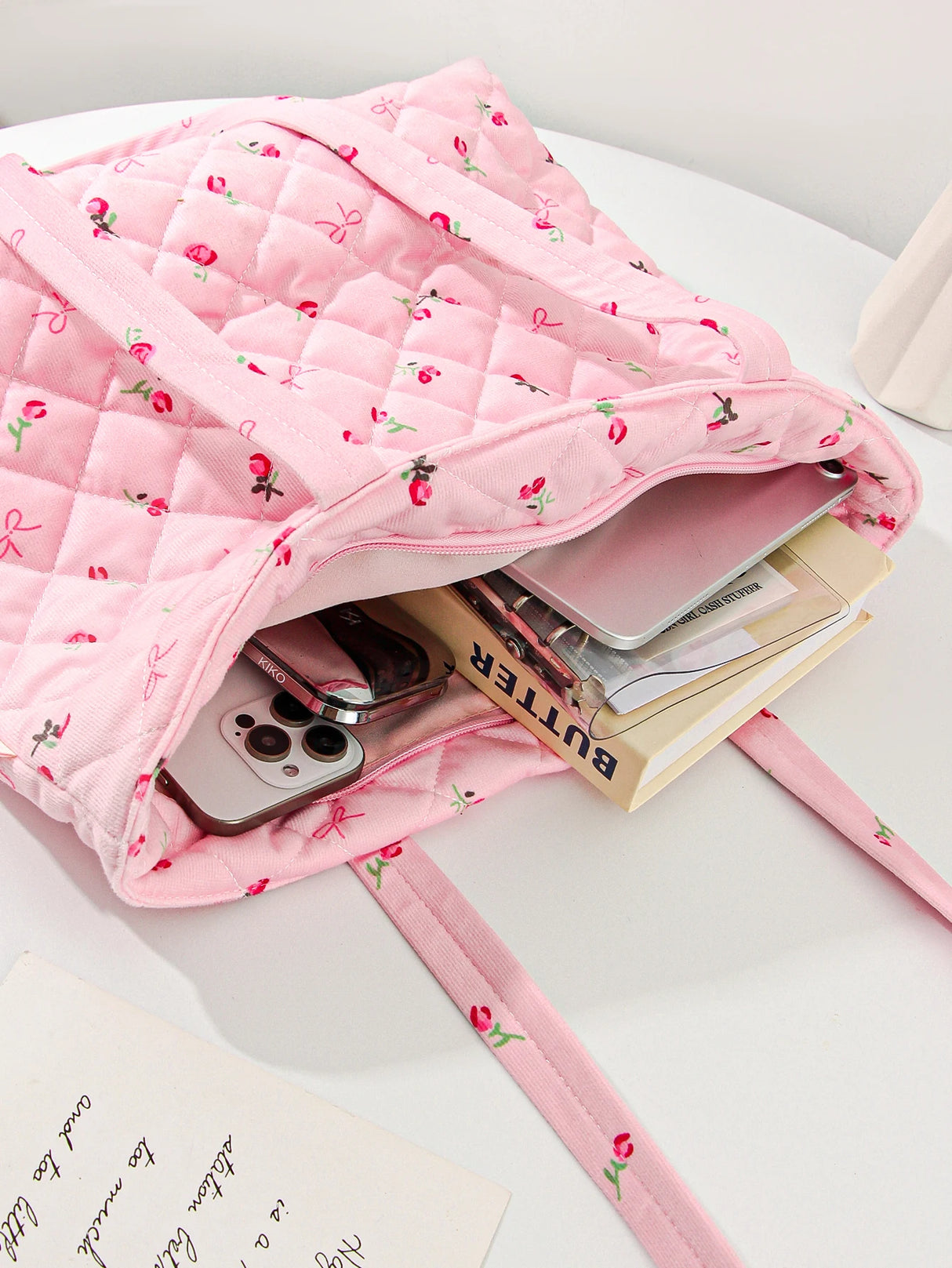 1pcs Fashion Bow and Rose Floral Tote Bag, Cute High-end Girls Casual Fashion Tote Bag, Large Capacity Women Suede Tote Bag, Cut