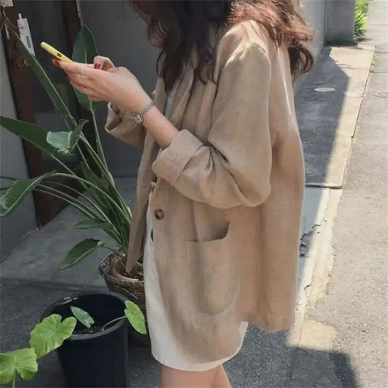 2025 Spring and Summer Korean New Style Herringbone Linen Loose Simple Long-sleeved Casual Blazer for Women