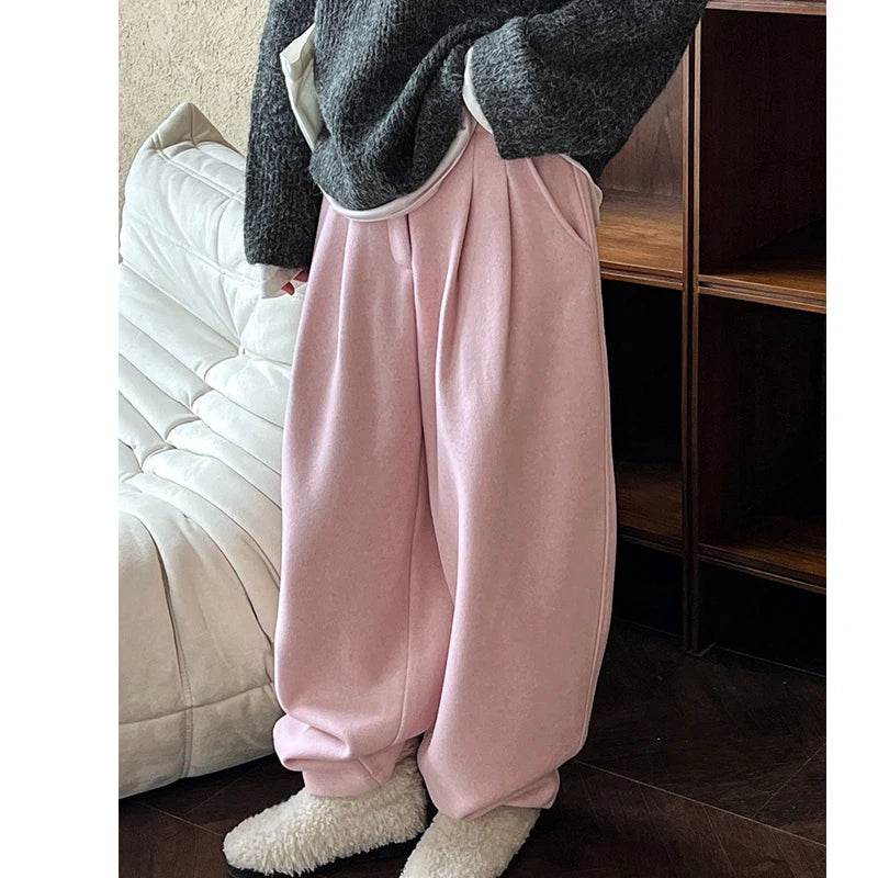 2024 Women Winter Autumn Thick Pants High Waist Wide Leg Warm Woolen Pants Fashion Clothes Vintage Pants Female Trousers