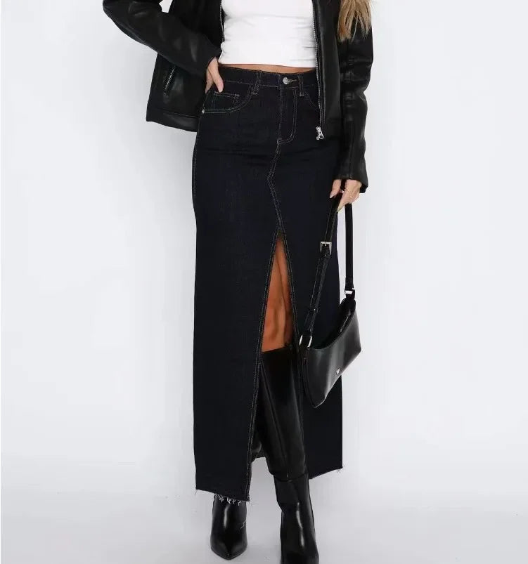 New Women's High Waisted Slit Denim Skirt Fashion Long Half Skirts for Women
