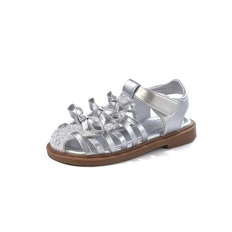 Girls Sandals Simple Sweet Bows 2025 Summer New Kids Beach Shoes Shiny Sequins Children Princess Shoes Ins Trendy Elegant Soft