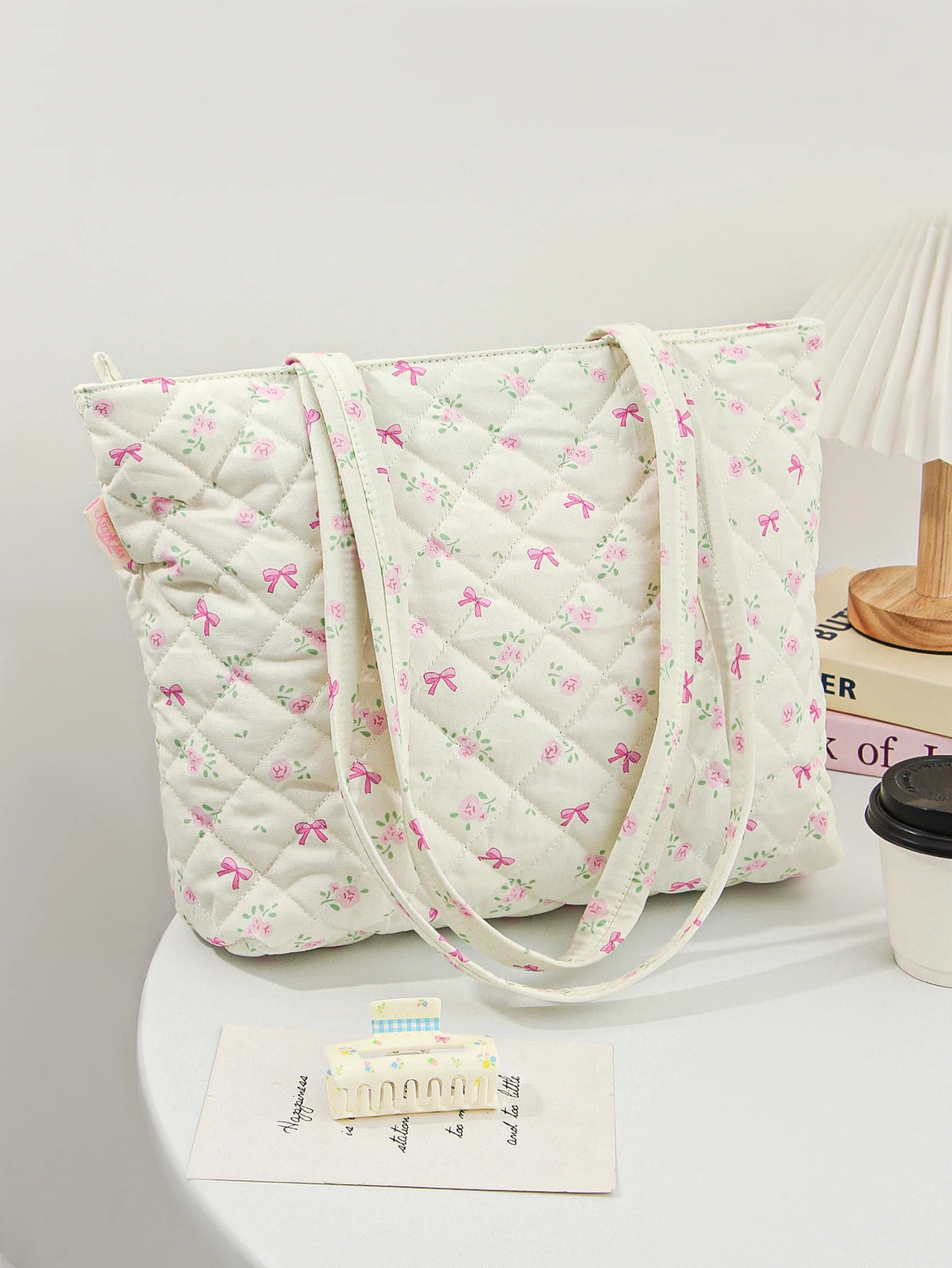 1pcs Fashion Bow and Rose Floral Tote Bag, Cute High-end Girls Casual Fashion Tote Bag, Large Capacity Women Suede Tote Bag, Cut