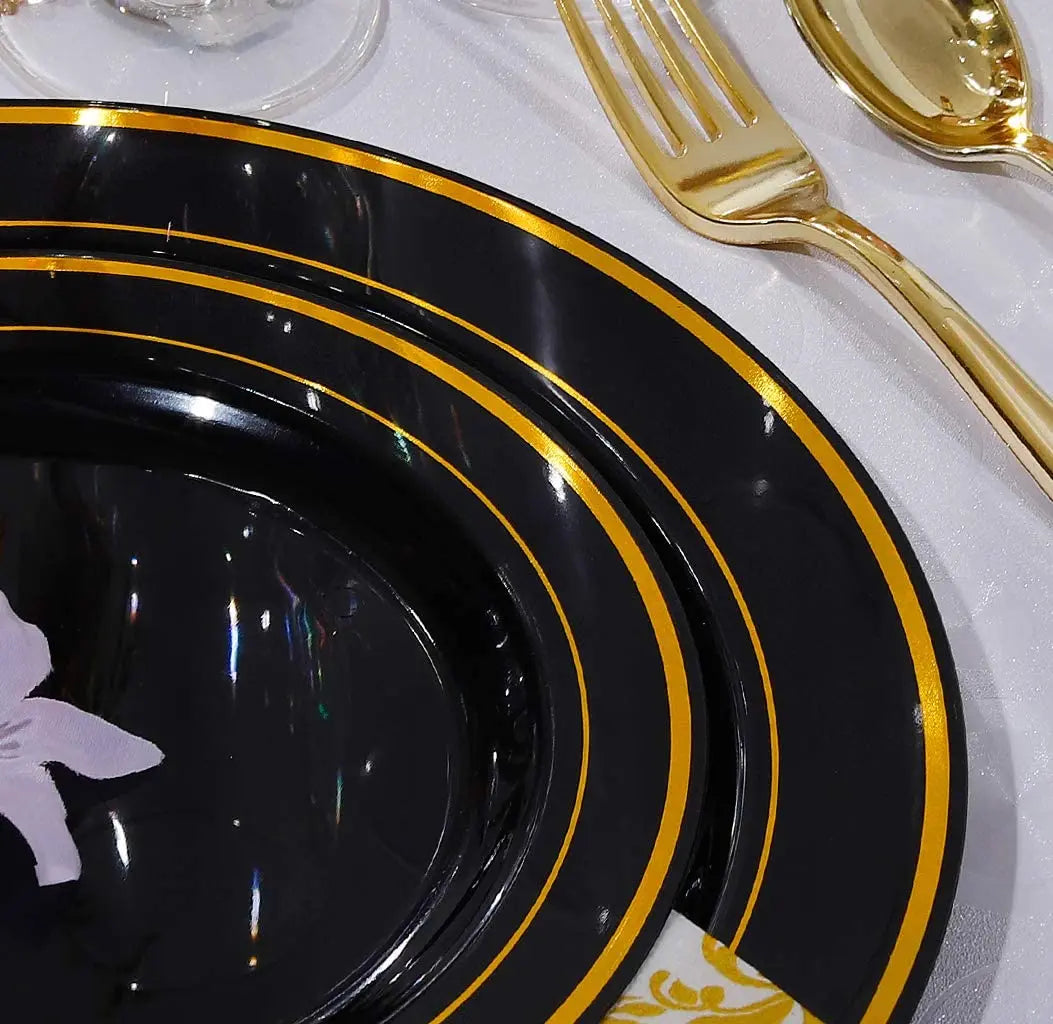 50/25Pieces Black Plastic Plates with Gold Rim-7.5inch Disposable Salad/Dessert Plates Party Plates-Ideal for Weddings& Parties