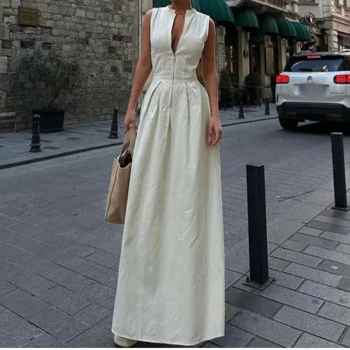 Women's Dress Sleeveless V-Neck Casual Waist-Fitted Zipper