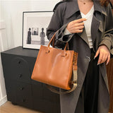 Black Tote Bag For Women Fashion Wide Strap Shoulder Handbag High Quality Pu Leather Bag Coffee Brown Female Brand Commute Bag