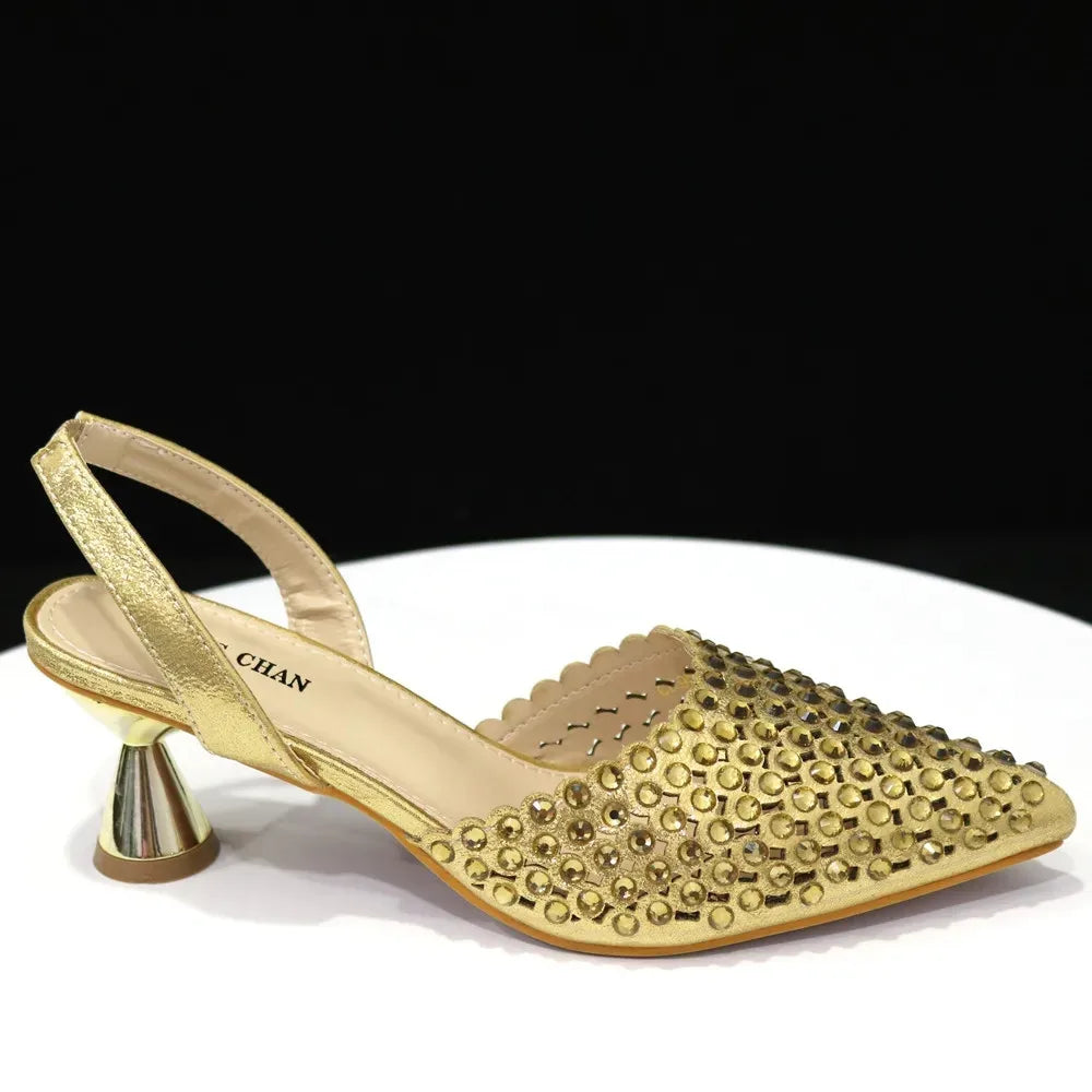 Popularity Pointed Toe Heels for Women 2024 Elegant Party Golden Color Full Diamond Pumps Italian Shoes and Bags Matching Set