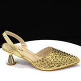 Popularity Pointed Toe Heels for Women 2024 Elegant Party Golden Color Full Diamond Pumps Italian Shoes and Bags Matching Set