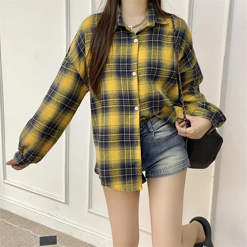 Women's Plaid Flannel Shirt Casual Button Down Long Sleeve Flannel Plaid Blouse Loose Check Shirt Female Teen-girl Preppy Outfit