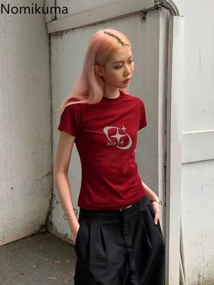 Red T-shirts for Women Y2k Tops Vintage Short Sleeve Print Tees Streetwear Tunic Tshirt Casual Fashion T Shirts 2025 Ropa Mujer