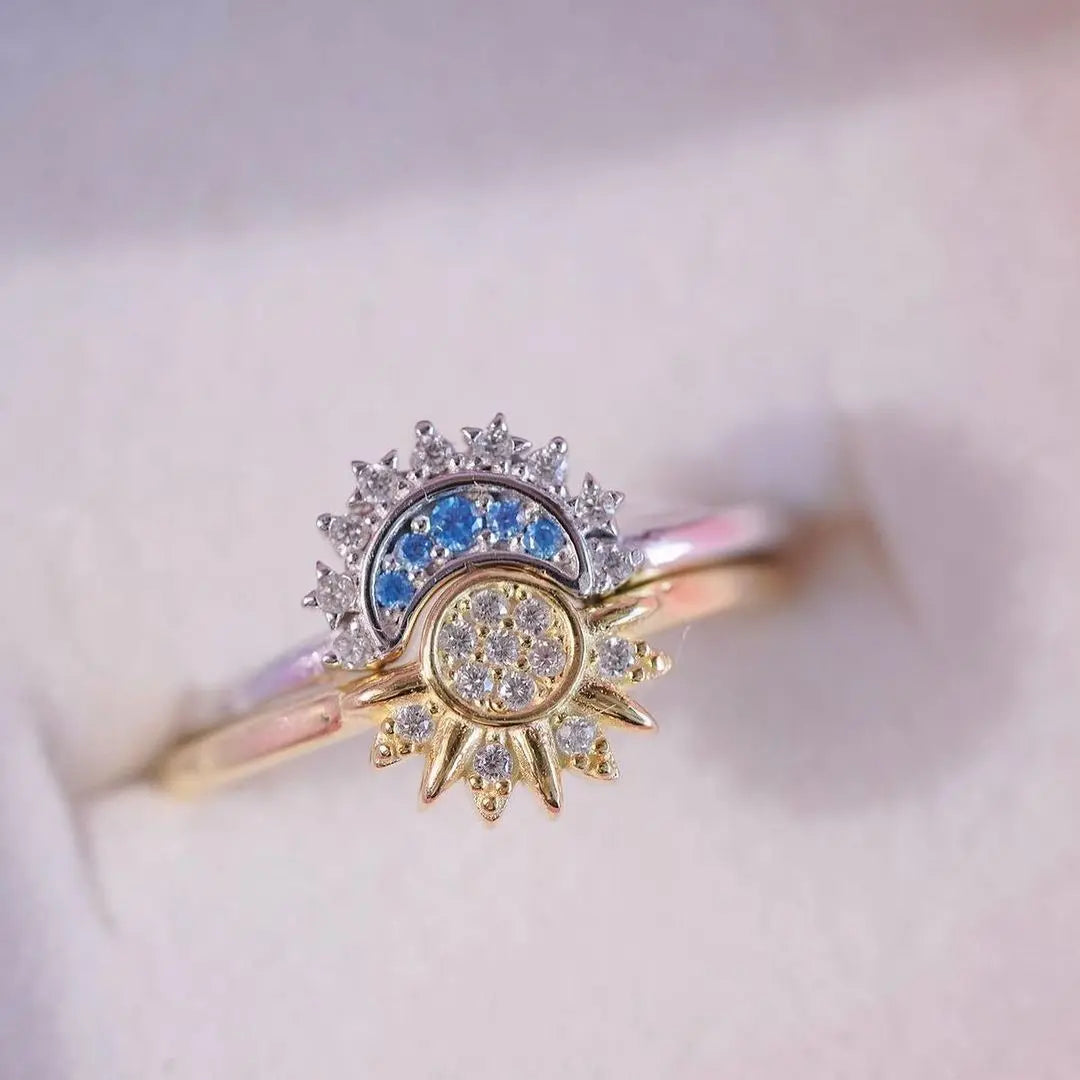 2Pc/set Sparkling Ring Riyue Suitable Ring for Women To Wear Fashion Female Sun Moon Star Ring Cubic Zircon Ring for Women Gifts