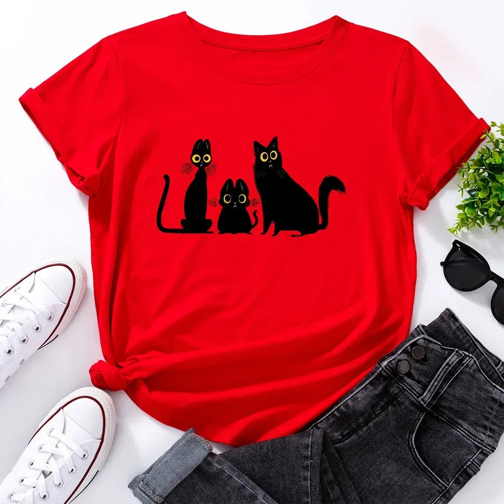 Women's T-shirts Black Cat Graphic T Shirt Oversized Short Sleeve Woman Tops Female Clothing Summer Tshirt