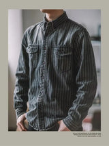 Men's Shirts Long Sleeves Recommend New Sand Washing for Old Retro Trendy Men Thicken Yarn-dyed Striped Shirts for Men